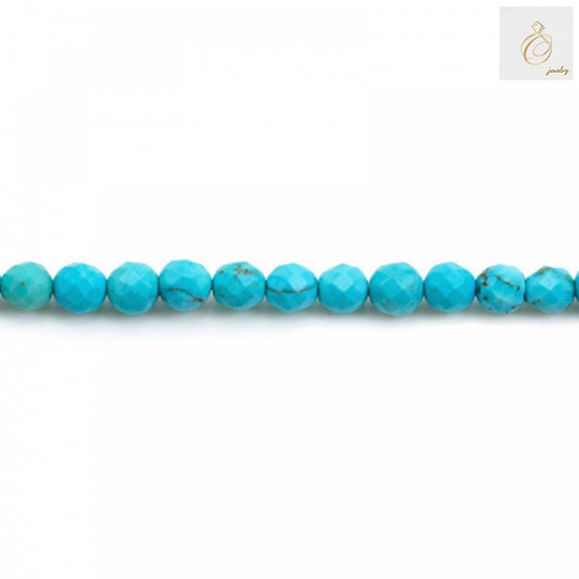 Close-up view of 4mm reconstituted turquoise faceted round beads showing blue-green color and faceted surface