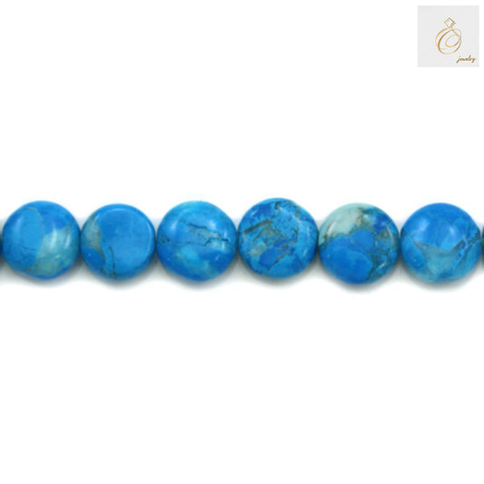 Close-up View of 8mm Reconstituted Turquoise Flat Round Beads - Premium Quality Gemstone Beads