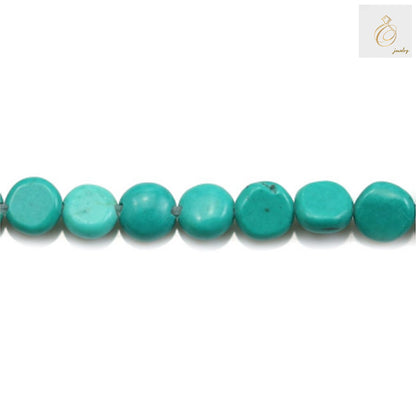 Reconstituted turquoise flat round beads 5mm - full strand view showing 39-40cm length and consistent bead quality