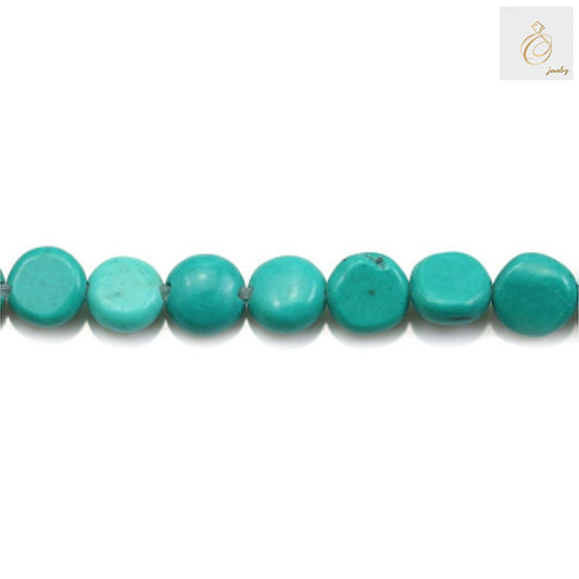 Reconstituted turquoise flat round beads 5mm - full strand view showing 39-40cm length and consistent bead quality