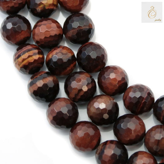 Red Tiger's Eye beads strand showing 39 faceted round gemstone beads, 10mm diameter with natural red chatoyancy patterns