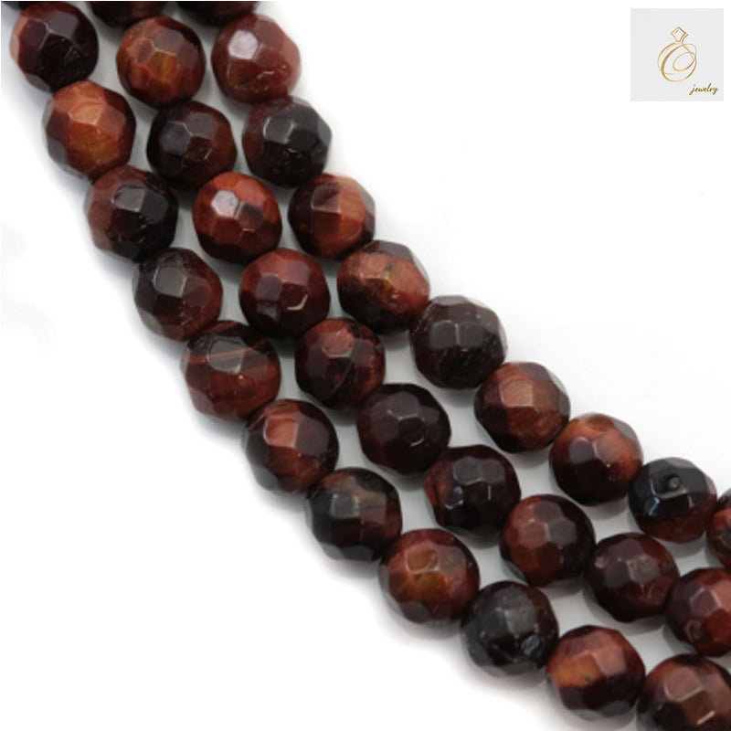 Red Tiger's Eye beads strand showing 4mm faceted round gemstone beads with natural reddish-brown color and silky luster