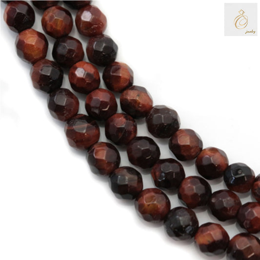 Red Tiger's Eye beads strand showing 4mm faceted round gemstone beads with natural reddish-brown color and silky luster