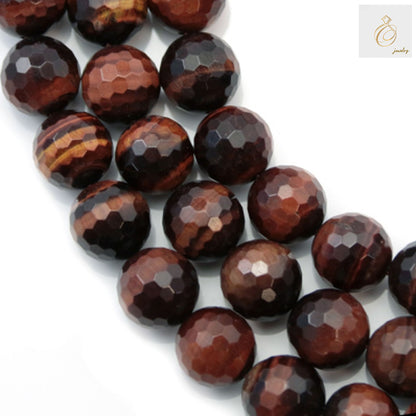 Red Tiger's Eye faceted round beads strand, 8mm diameter with natural chatoyant bands and warm red-golden colors