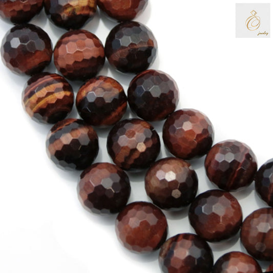 Red Tiger's Eye faceted round beads strand, 8mm diameter with natural chatoyant bands and warm red-golden colors