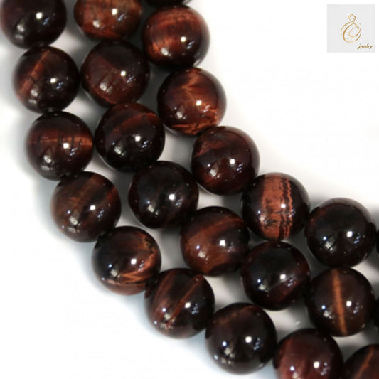 Red Tiger's Eye Round Beads 8mm - Natural Gemstone Strand showing rich reddish-brown colors and silky luster