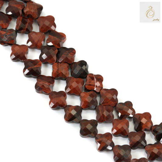 Red Tiger's Eye Faceted Flower Beads 10mm - Natural gemstone strand showing rich reddish-brown chatoyancy and elegant flower-shaped cut