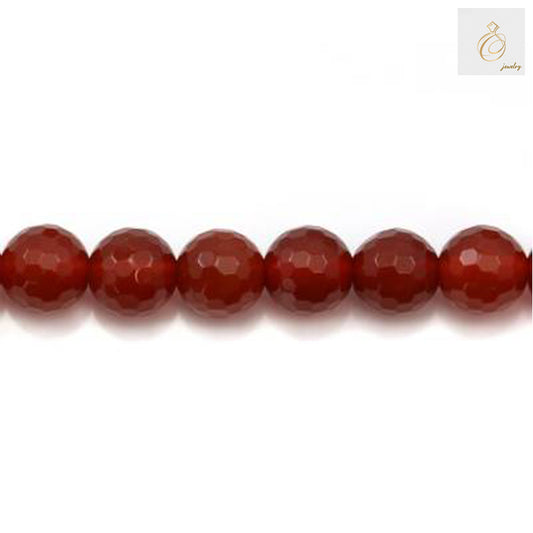 Red agate faceted round beads 8mm - full strand display showing consistent sizing and vibrant red color