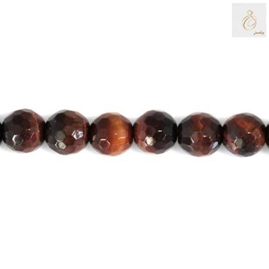 Close-up view of Red Tiger's Eye gemstone beads, 6mm faceted round beads displaying the characteristic tiger's eye pattern and luster