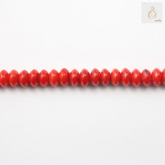 Red sea bamboo coral beads 3x5mm abacus shape on white background"
"Natural red bamboo coral beads strand for jewelry making"
"Close-up of red abacus-shaped coral beads 3x5mm size
