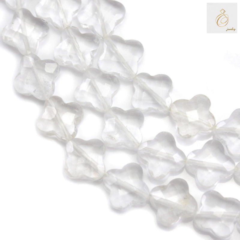 Rock crystal clover faceted beads 13x13mm on strand - natural gemstone jewelry making supplies