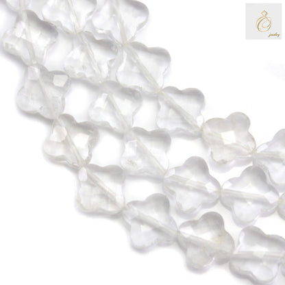 Rock crystal clover faceted beads 13x13mm on strand - natural gemstone jewelry making supplies