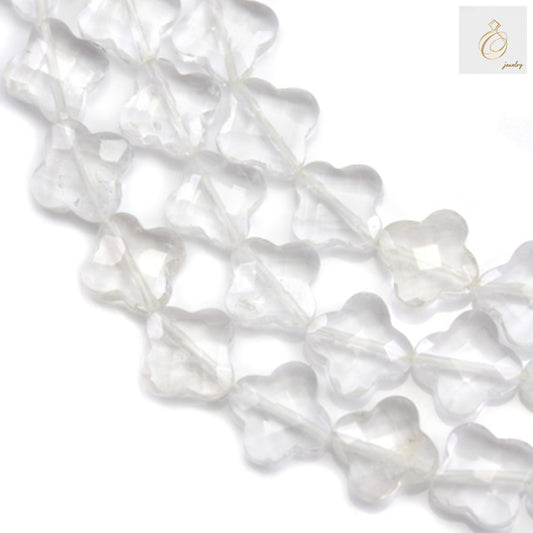 Rock crystal clover faceted beads 13x13mm on strand - natural gemstone jewelry making supplies