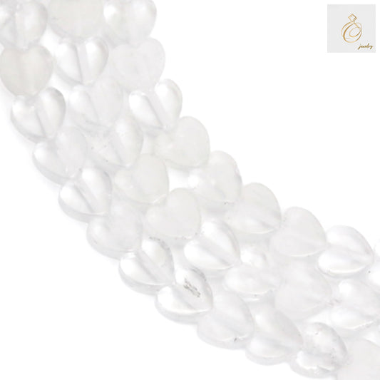 Natural rock crystal heart beads 6mm strand showing clear gemstone quality and heart shape