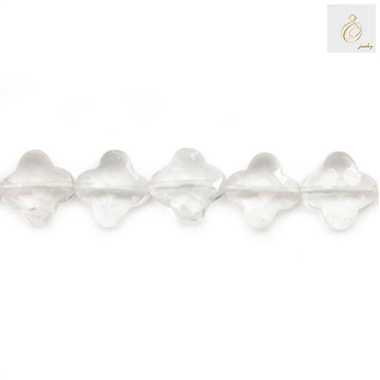 Close-up view of rock crystal clover shaped faceted beads 13x13mm - transparent gemstone beads for jewelry