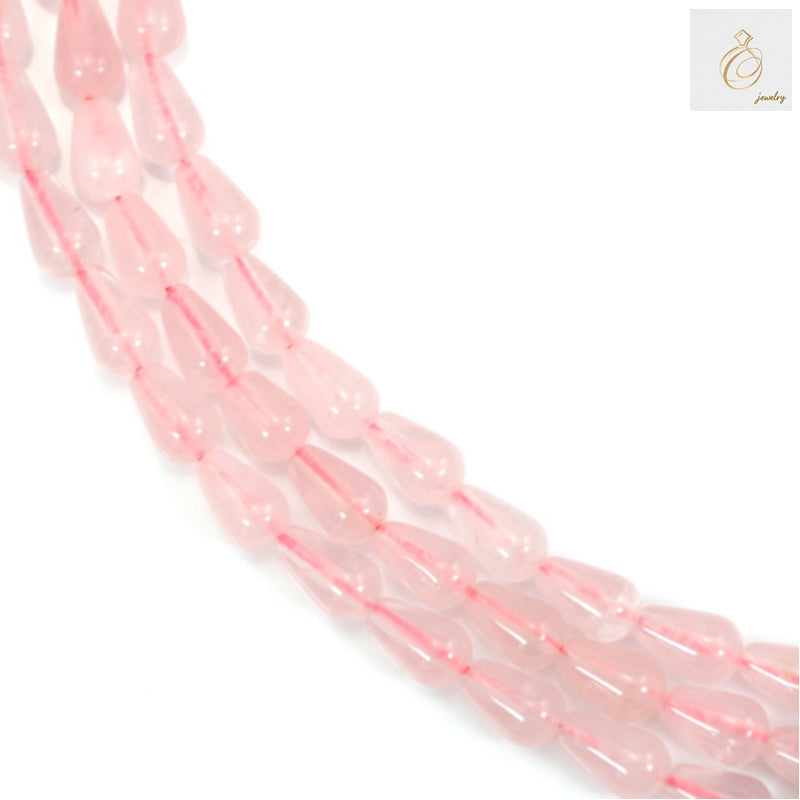 Natural rose quartz drop beads 6x9mm on strand for jewelry making