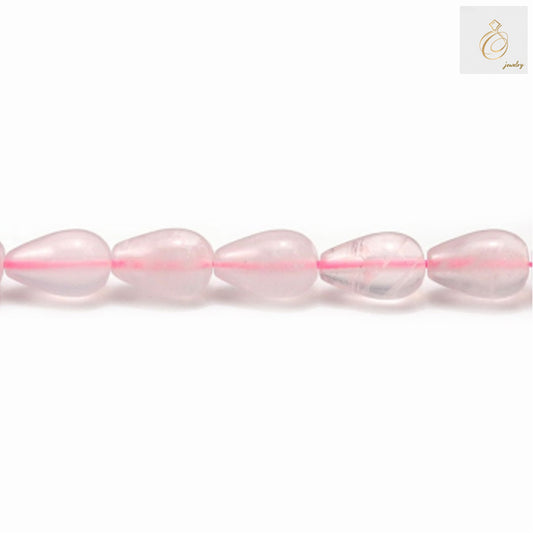 Close-up view of pink rose quartz gemstone beads in teardrop shape, 39-40cm strand length