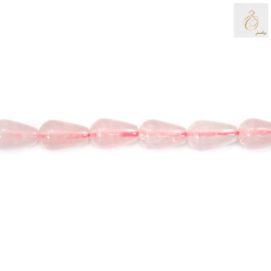 Close-up view of rose quartz teardrop beads showing pink color and quality