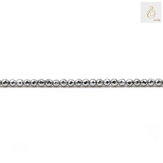 Silver hematite faceted round beads, 2mm diameter with metallic finish, arranged on strand for jewelry making