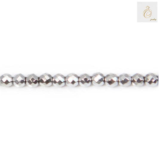 Silver hematite faceted round beads, 3mm diameter with 0.8mm holes, arranged on a 39-40cm strand for jewelry making