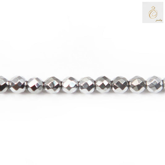 Silver hematite faceted round beads 4mm with 0.8mm holes arranged on 39-40cm strand for jewelry making