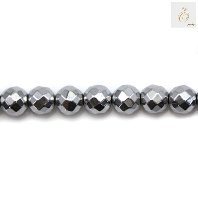 Silver hematite faceted round beads 8mm diameter arranged on strand showing metallic luster and geometric faceted surfaces