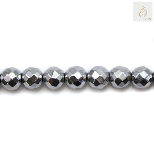 Silver hematite faceted round beads 8mm diameter arranged on strand showing metallic luster and geometric faceted surfaces