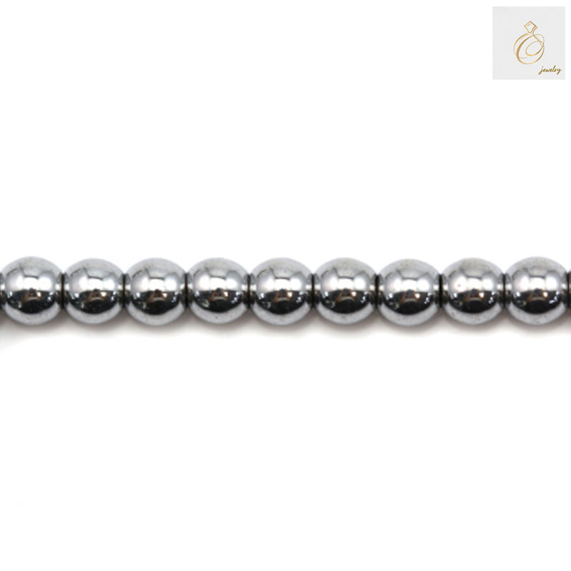 Silver hematite round beads 3mm diameter on strand - close-up view showing metallic luster and uniform size