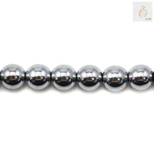 Silver hematite round beads 6mm diameter with metallic finish, displayed on strand for jewelry making