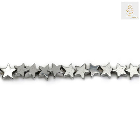 Silver hematite star-shaped beads, 4mm size with 0.8mm holes, arranged on a 39-40cm strand for jewelry making