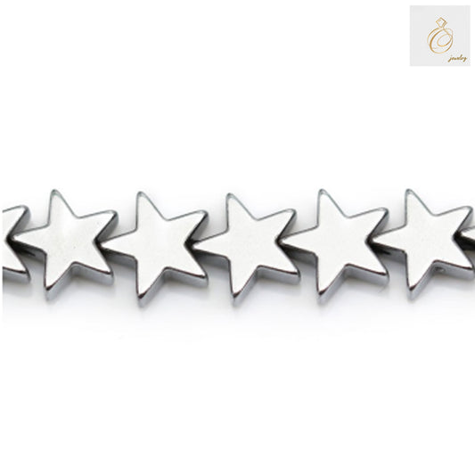 Silver hematite star-shaped beads, 8mm diameter with 0.8mm holes, arranged on a strand for jewelry making