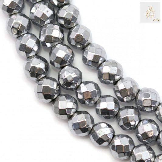 Close-up view of silver hematite faceted round beads showing detailed cut surfaces and 0.8mm holes, 39-40cm strand
