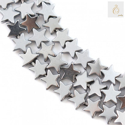 Close-up view of silver hematite star beads strand 39-40cm length with 0.8mm holes