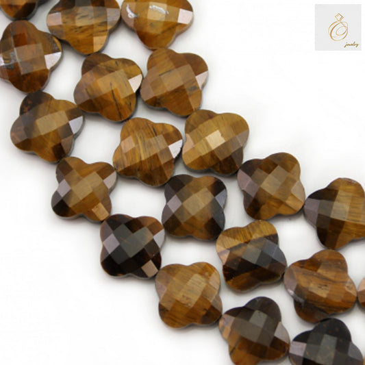 Tiger's Eye Faceted Flower Beads 13mm - Natural golden-brown gemstone beads with chatoyant effect on 39-40cm strand