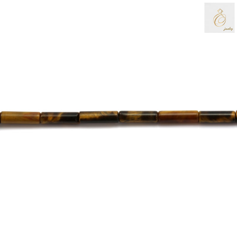 Close-up view of Tiger's Eye cylindrical gemstone beads showing natural patterns and golden bands, 4x13mm size with 0.8mm holes
