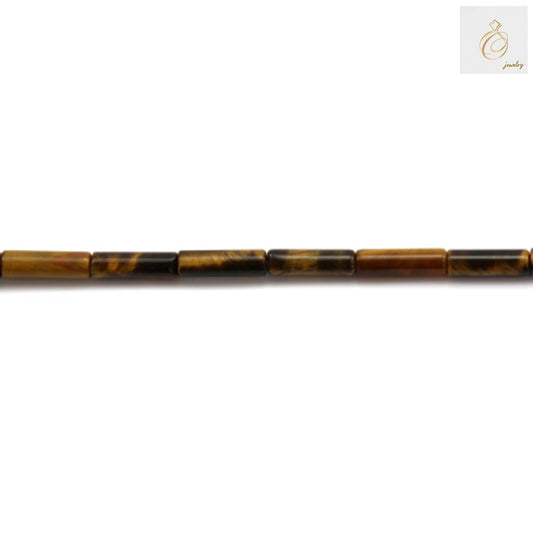 Close-up view of Tiger's Eye cylindrical gemstone beads showing natural patterns and golden bands, 4x13mm size with 0.8mm holes