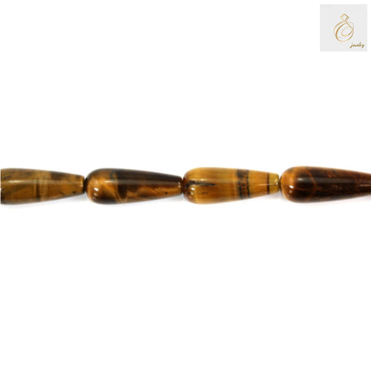 Tiger's Eye drop beads strand showing 39-40cm length with 1mm holes"
"Individual Tiger's Eye drop bead showing size 6x16mm with natural golden luster"
"Tiger's Eye gemstone beads arranged to show color variation and natural patterns
