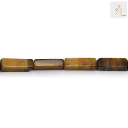 Close-up view of tiger's eye rectangle gemstone beads showing natural striped patterns and lustrous finish