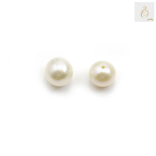 White freshwater cultured pearls, half-drilled round beads, 6-6.5mm diameter, 2 pieces pack - premium jewelry making supplies