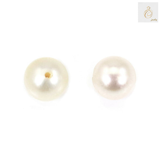White freshwater cultured pearls, half-drilled round beads, 6.5-7mm diameter, 2 pieces pack for jewelry making