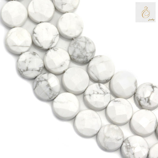 White howlite faceted flat round beads 10mm diameter on 39cm strand for jewelry making"