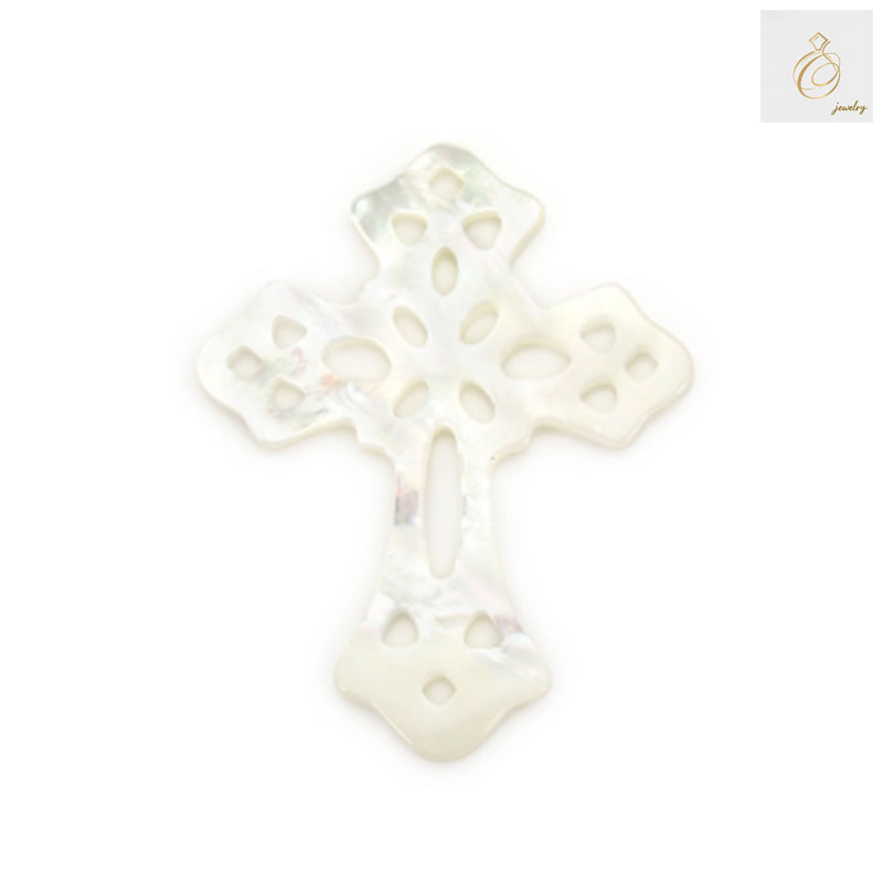 White mother-of-pearl shell cross pendant, 24x30mm size, showing natural iridescent surface and smooth finish for jewelry making