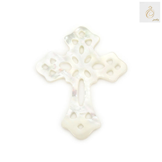 White mother-of-pearl shell cross pendant, 24x30mm size, showing natural iridescent surface and smooth finish for jewelry making