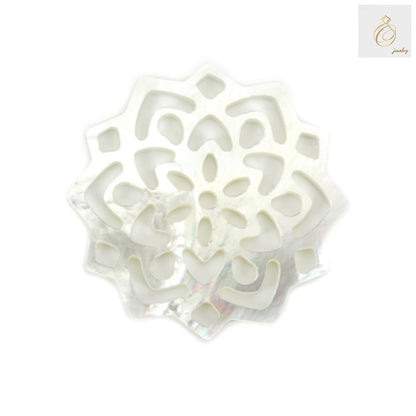 White mother-of-pearl shell charm with intricate hollow floral design, 35mm diameter, perfect for jewelry making