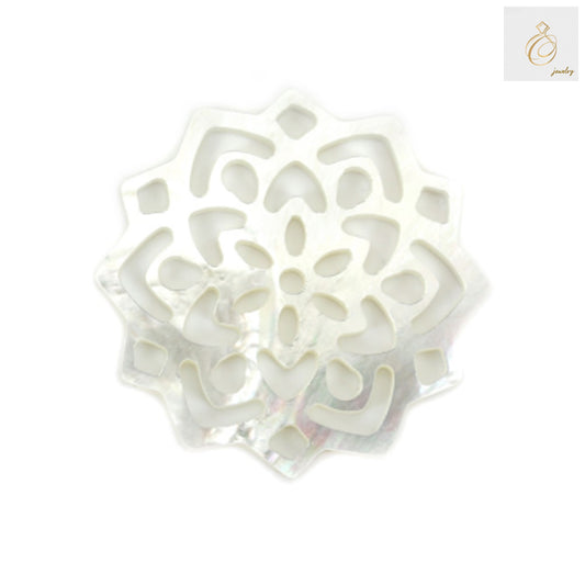 White mother-of-pearl shell charm with intricate hollow floral design, 35mm diameter, perfect for jewelry making