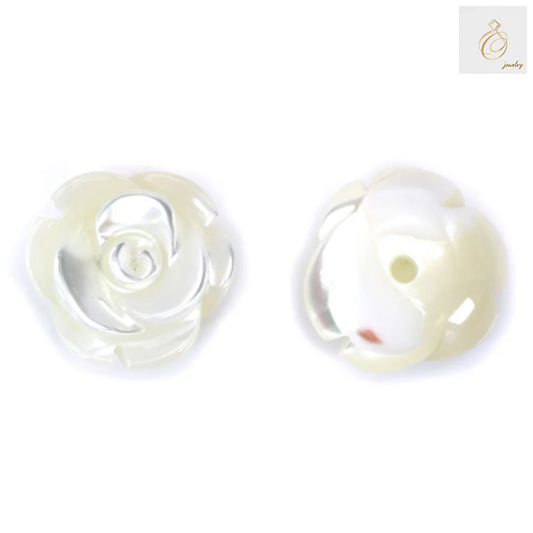 White mother-of-pearl half drilled rose beads, 10mm diameter, set of 2 pieces for jewelry making