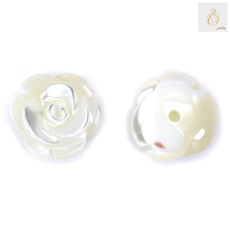 White mother-of-pearl half-drilled rose beads, 12mm diameter, set of 2 pieces for jewelry making