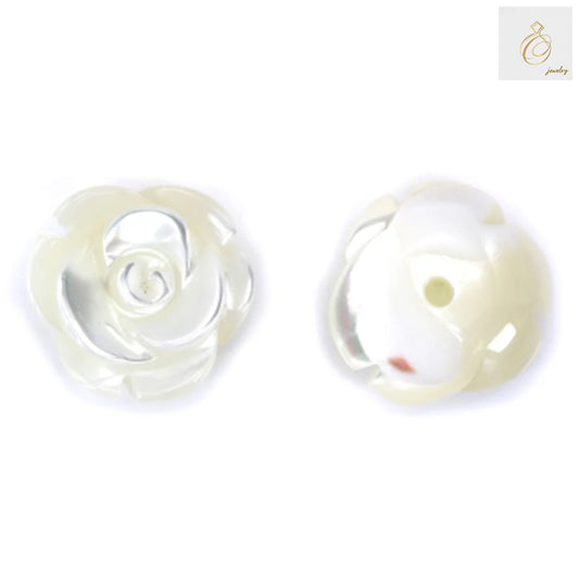 White mother-of-pearl half-drilled rose beads, 12mm diameter, set of 2 pieces for jewelry making