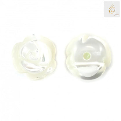 White mother-of-pearl half-drilled rose beads 8mm - close-up view showing lustrous surface and carved rose detail