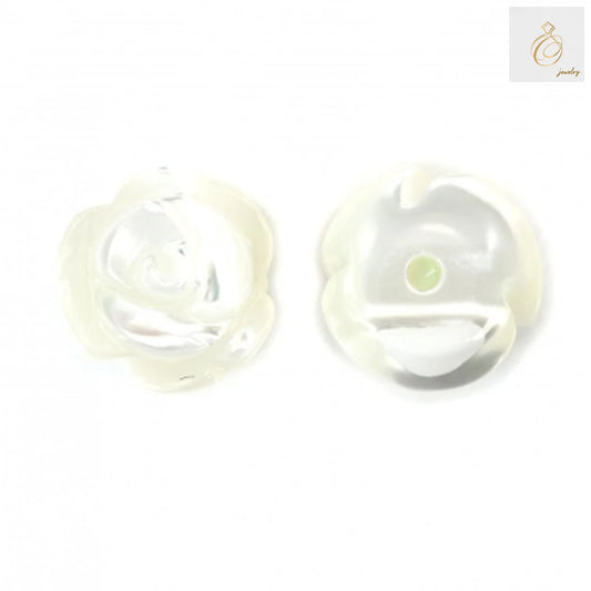 White mother-of-pearl half-drilled rose beads 8mm - close-up view showing lustrous surface and carved rose detail